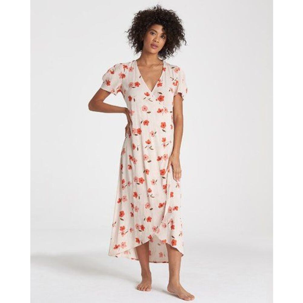 Billabong Floral Fields Midi Wrap Dress Cream‎ Red Pink Floral XS Spring Summer - Picture 2 of 10